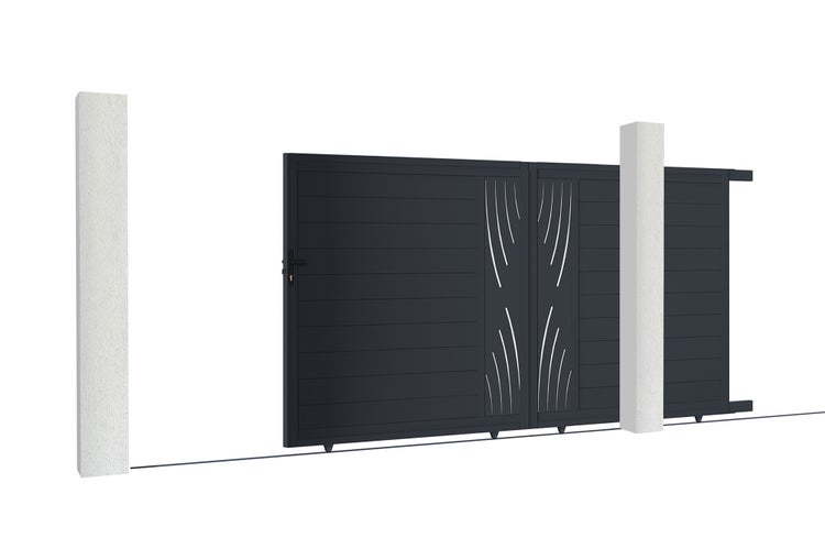 Schiebetor 3,5 m VELETA H.180 cm graues Aluminium + 2 Pfosten 20 x 20 cm H. 190