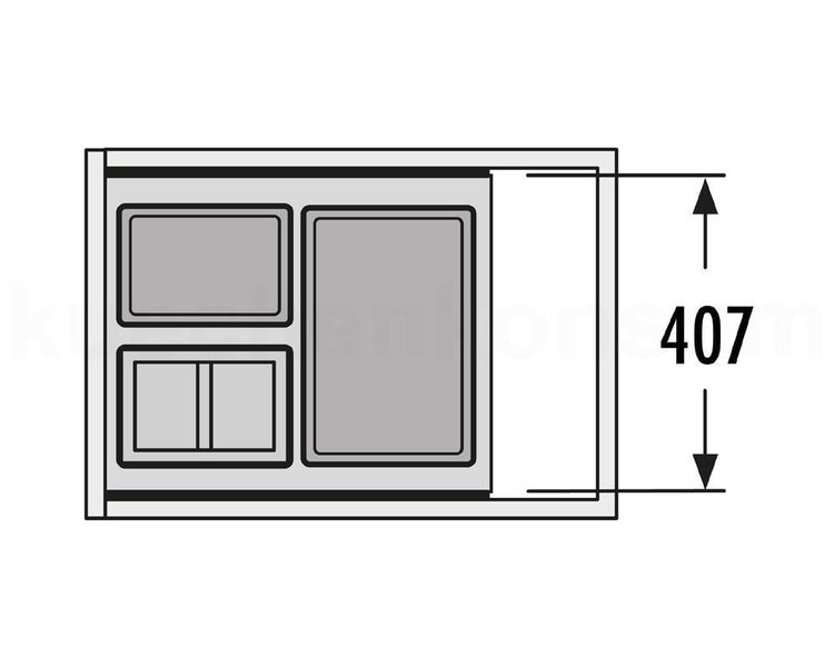 Technische Zeichnung eines Schubladeneinsatzes mit verschiedenen Fächern und der Maßangabe 407.