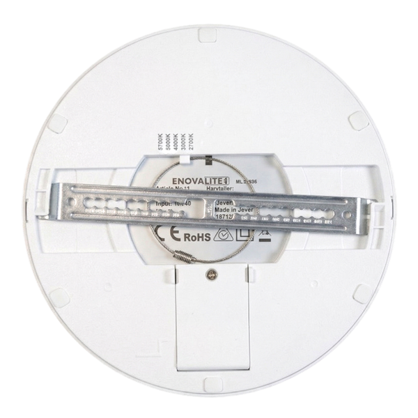 Rückansicht einer runden weißen LED-Paneelleuchte mit Metallmontageschiene, Sicherungsdraht, Farbtemperaturskala und Enovalite Logo.