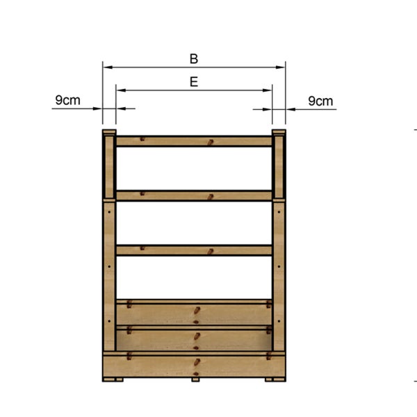 Technische Zeichnung eines Holzregals mit Breitenangaben