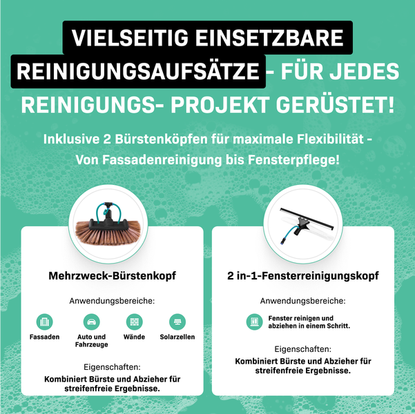 VONROC Teleskop Waschbürste mit Teleskopstiel 6,5m - Ausziehbar Teleskopstangen Reinigung für Fenster, Terrassendach, Solaranlage - inkl. Bürste, Schlauch, Seifenspender