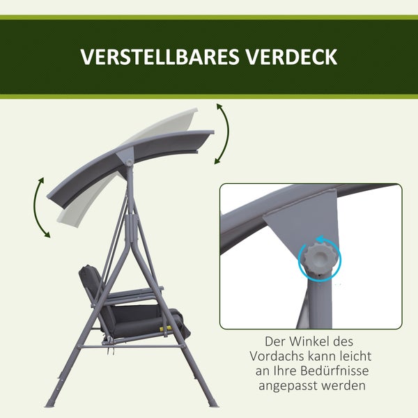Outsunny Hollywoodschaukel, 2-Sitzer Gartenschaukel mit Sonnendach, 175 x 112 x 165 cm, Metall, Polyester, Oxford, Grau