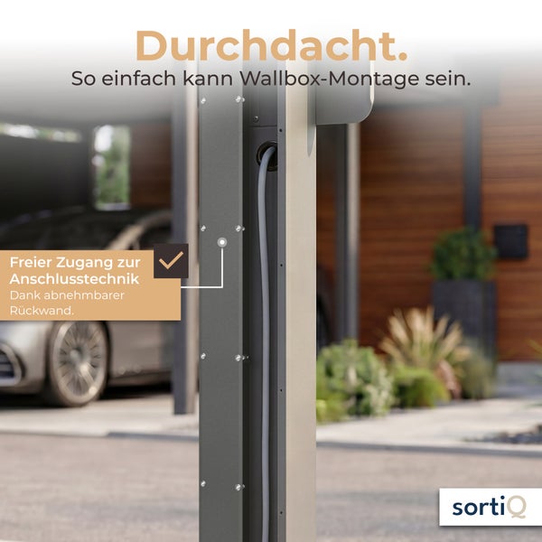 SortiQ Wallbox-Stele mit abnehmbarer Rückwand für freien Zugang zur Anschlusstechnik. SortiQ Logo.
