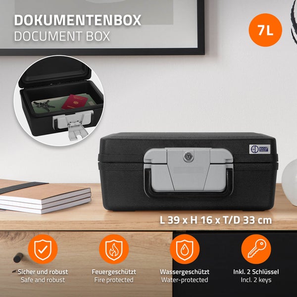 ECD Germany Dokumentenbox DIN A4, 39x33x16 cm 7L, Feuerfeste wasserdichte Dokumentenkassette, Sicherheitskoffer für Dokumente, Sicherheitskassette abschließbar 2 Schlüssel, Geldkassette mit Tragegriff