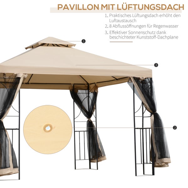 Outsunny Pavillon, mit 4 Ablagen, wetterfest, 2,98 x 2,98 m, Metall + Polyester, Beige