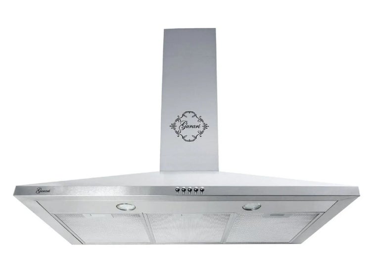 Gurari Dunstabzugshaube aus Edelstahl mit Kamin, Drucktasten und Metallfettfiltern.