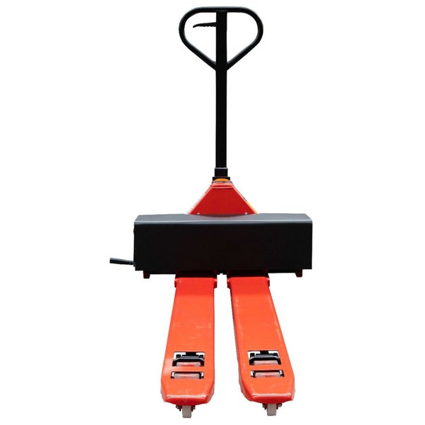 Roter Hubwagen mit schwarzer Deichsel und Gabelrollen für den Transport von Paletten.