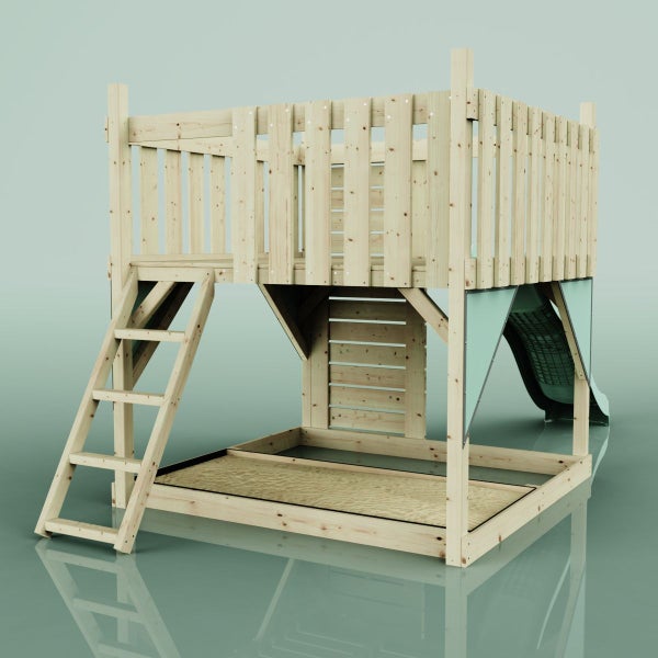 Holzspielturm mit Leiter, Rutsche und Sandkasten