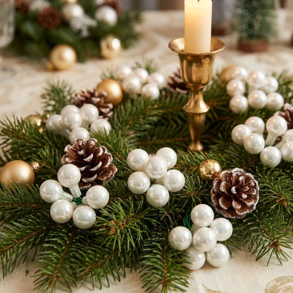 Weihnachtskranz aus Tannenzweigen geschmückt mit Zapfen, glänzenden Kugeln und Perlenbeeren sowie ein goldfarbener Kerzenhalter mit einer Kerze.
