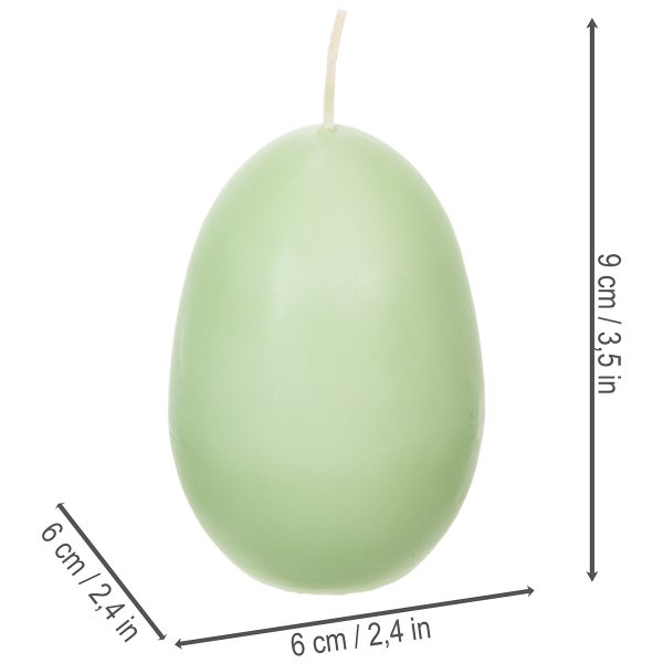 Grüne Eierkerze mit den Maßen 9 cm Höhe und 6 cm Durchmesser.