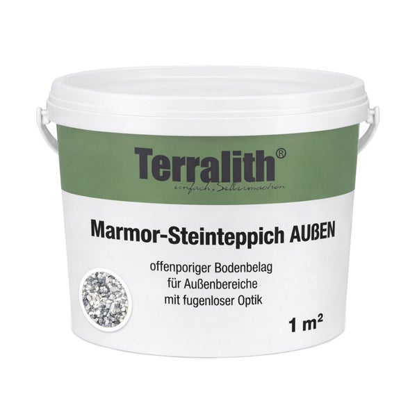 Terralith Logo, Marmor-Steinteppich für den Außenbereich, 1 Quadratmeter, offenporiger Bodenbelag mit fugenloser Optik.