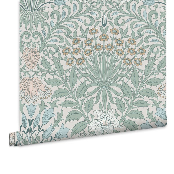 Vliestapete mit floralem Jugendstil Muster und detaillierten Blumenmotiven auf einer Tapetenrolle.