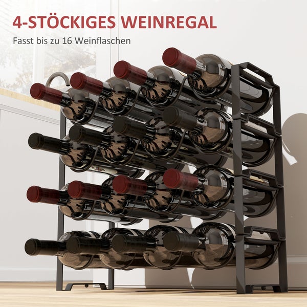 HOMCOM Weinregal Flaschenregal für 16 Weinflaschen, Flaschenhalter Aufbewahrungsregal aus Metall, Weinflaschenregal für Küche, Esszimmer Schwarz