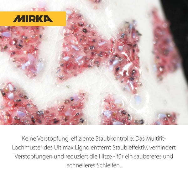 Nahaufnahme der Schleifmitteloberfläche Mirka Ultimax Ligno mit Multifit Lochmuster zur effizienten Staubabsaugung beim Schleifen.