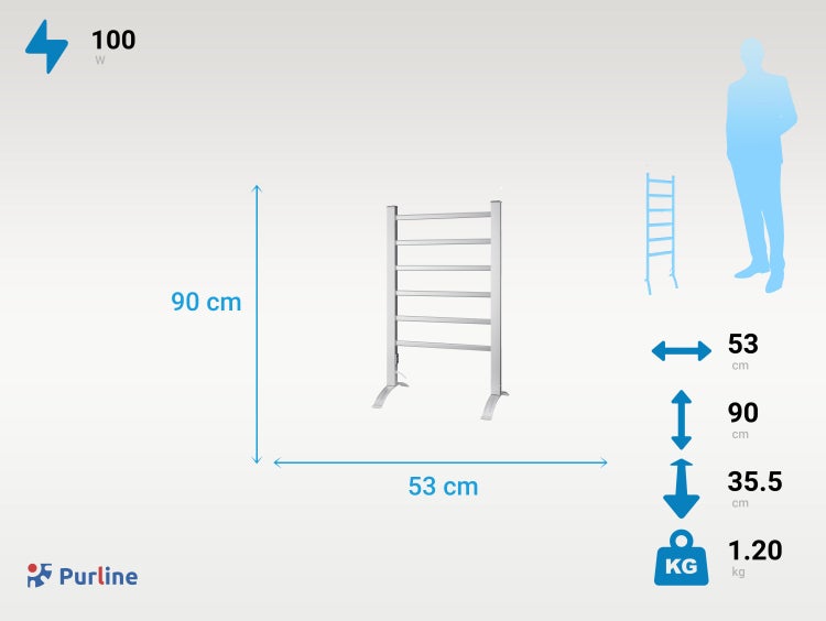 Purline Handtuchwärmer mit den Maßen 90 cm Höhe, 53 cm Breite, 35,5 cm Tiefe, 100 Watt Leistung und 1,2 kg Gewicht.