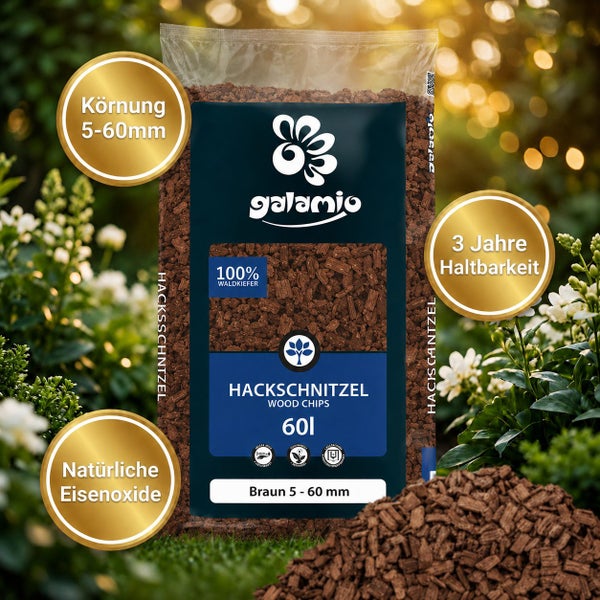 Galamio Waldkiefer Hackschnitzel 60 Liter 5 bis 60 Millimeter Koernung zur Gartenabdeckung mit drei Jahren Haltbarkeit