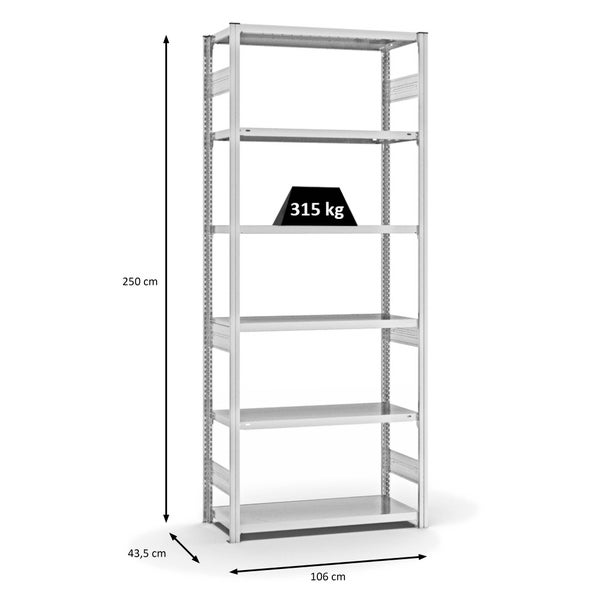 PROREGAL Fachbodenregal Stecksystem T-Profil Heavy-Duty Grundregal HxBxT 250 x 100 x 40 cm 6 Ebenen Fachlast 315 kg Beidseitig Nutzbar Lichtgrau