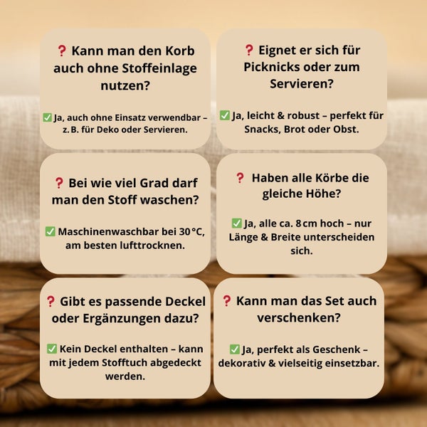 Infografik zum Korbset: Nutzung ohne Stoffeinlage, Eignung für Picknicks, Waschbarkeit bei 30 Grad und Höhe von circa 8 Zentimetern.