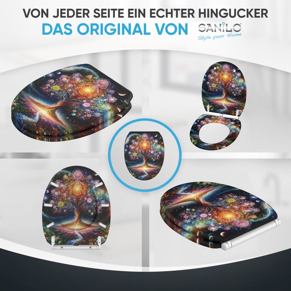 Sanilo WC Sitz mit buntem Baum des Lebens Motiv in verschiedenen Ansichten für eine stilvolle Badgestaltung