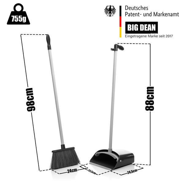 Kehrgarnitur mit Besen und Kehrschaufel, Maße sind dargestellt