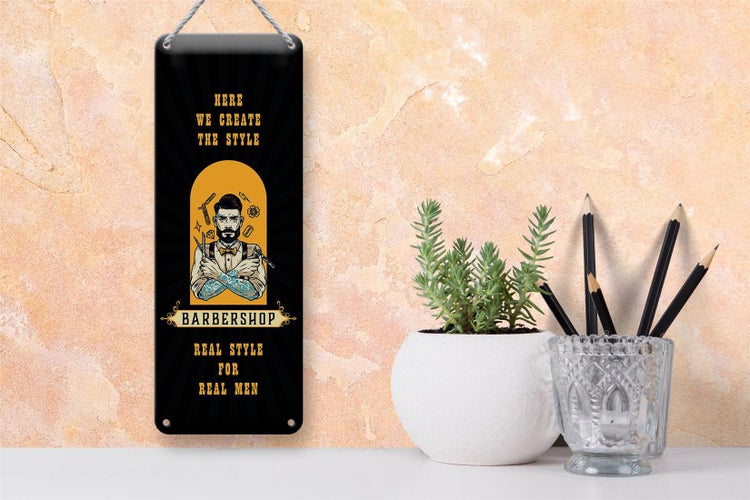 Blechschild Spruch Barbershop Here we greate Style 10x27cm