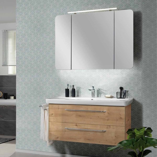 FACKELMANN MILANO Badmöbelset 3-teilig, 100 cm Breite Waschtisch mit Unterschrank und Spiegelschrank in Holz braun, inkl. LED-Beleuchtung mit Soft-Close-System
