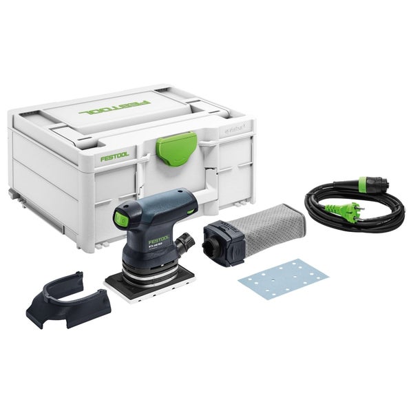 Festool Rutscher RTS 400 REQ im Set mit Systainer, Staubfangbeutel, Netzkabel, Protector und Schleifpapier.