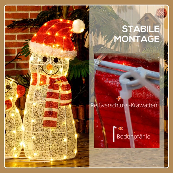 LED-Schneemann Weihnachtsfigur, beleuchtet mit Mütze und Schal, inklusive Kabelbindern und Bodenpfählen für stabile Montage.