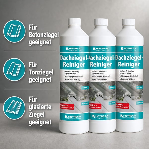 Drei Flaschen Hotrega Dachziegelreiniger Konzentrat zur Entfernung von Algen und Moos auf Beton Ton und glasierten Ziegeln.