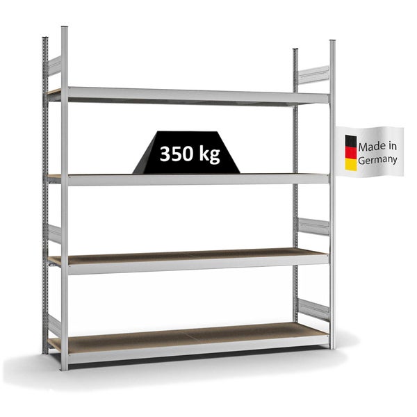 PROREGAL Weitspannregal Stecksystem T-Profil Grundregal HxBxT 250x225x50 cm 4 Ebenen Spanplatten Fachboden Fachlast 350 kg Verzinkt