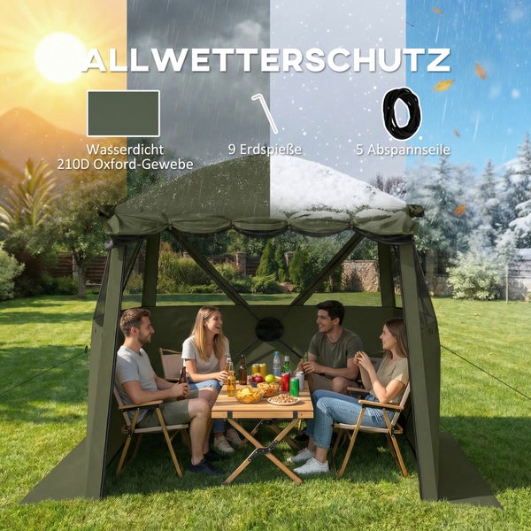 Dunkelgrüner Gartenpavillon für jedes Wetter mit vier Personen am Tisch, aus wasserdichtem 210D Oxford-Gewebe mit neun Erdspießen und fünf Seilen.