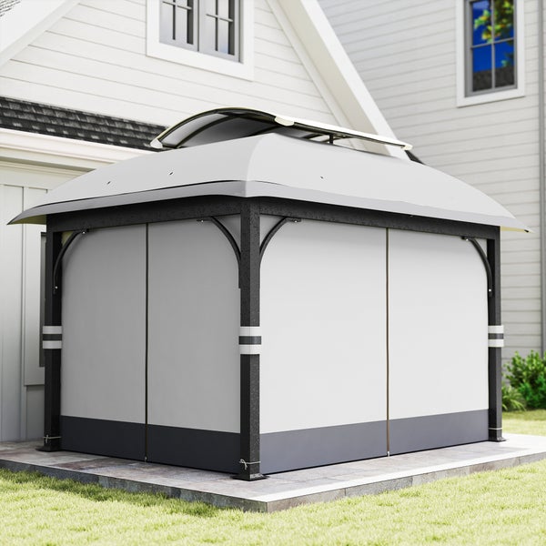 Moderner Gartenpavillon mit Metallgestell, Textilbespannung, geschlossenen Seitenteilen und doppeltem Belüftungsdach auf einer gepflasterten Terrasse.