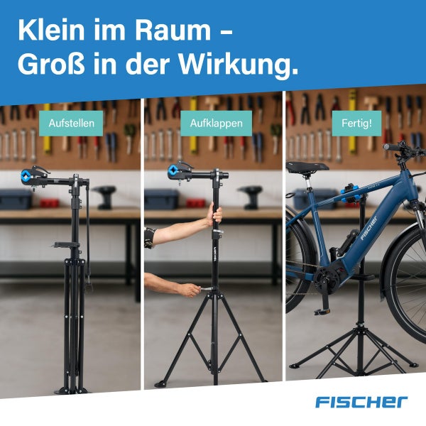 Fischer Fahrrad Montageständer in drei Schritten erklärt: Aufstellen, Aufklappen und Befestigen des E-Bikes für Reparaturarbeiten.