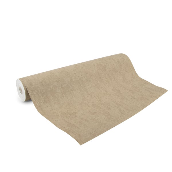Beige strukturierte Tapete auf einer Rolle, teilweise ausgerollt.
