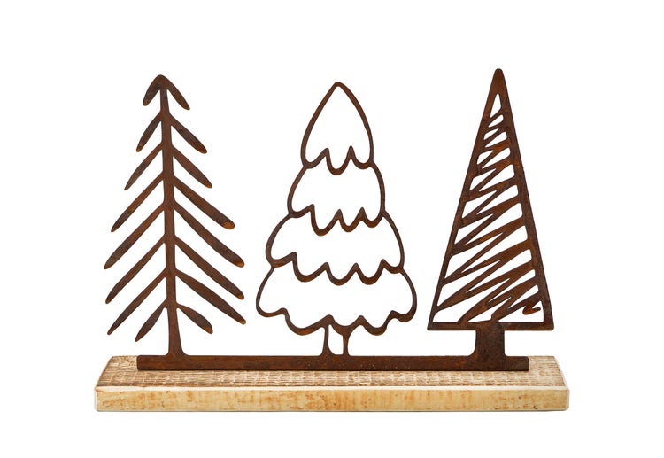 Dekoaufsteller Wald aus Metall in Rostoptik auf Holzsockel als weihnachtliche Tischdekoration