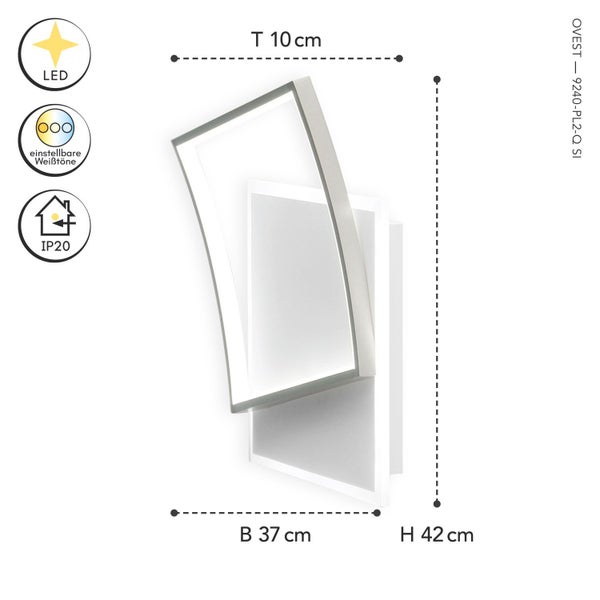 Moderne LED-Wandleuchte Silber, zwei Rechtecke, Breite 37 Zentimeter, Höhe 42 Zentimeter, Tiefe 10 Zentimeter, einstellbare Weißtöne, IP20.