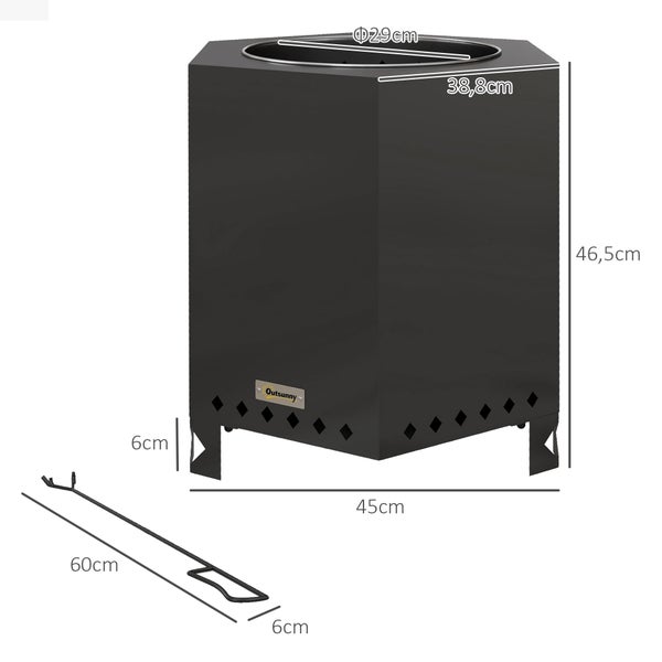 Outsunny Feuerschale, mit Schürhaken, für Garten, Camping, Terrasse, 45L x 38,8B x 46,5H cm, Metall, Schwarz