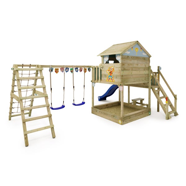 WICKEY Spielturm Disney Mickey Maus und Freunde Saga mit Rutsche, Picknicktisch, Kletteranbau und Doppelschaukel