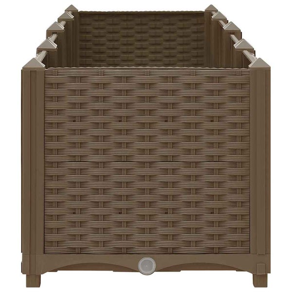 Modularer Pflanzkasten aus braunem Kunststoff in Rattan-Optik mit Entwässerungsöffnung.