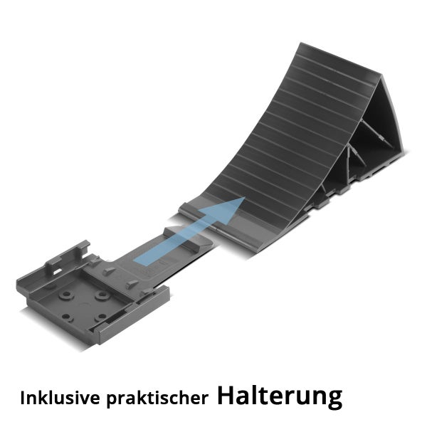 Unterlegkeil aus Kunststoff inklusive praktischer Halterung zur Sicherung von Fahrzeugen.