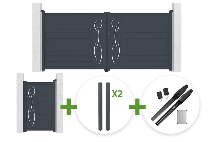 Set aus Doppelflügeltor, Gartentür, zwei Pfosten und elektrischem Torantrieb mit Fernbedienungen in Anthrazit mit dekorativem Muster.