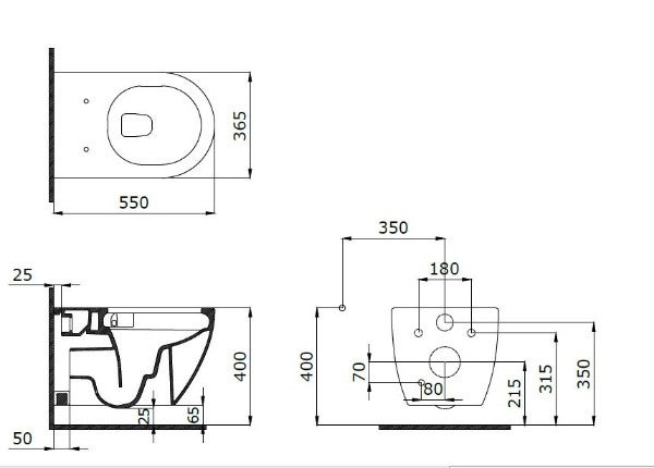 Technische Zeichnung einer Wandtoilette mit Maßangaben.