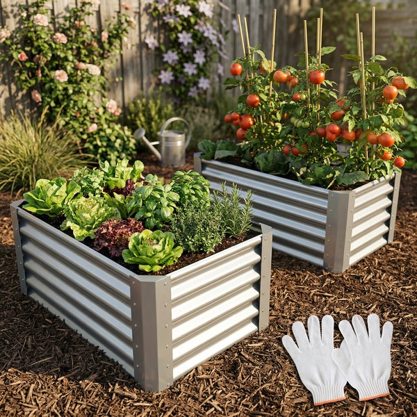 Rechteckiges Hochbeet aus gewelltem Metall inklusive Gartenhandschuhen, ein Beet leer und ein Beet mit Tomaten bepflanzt.