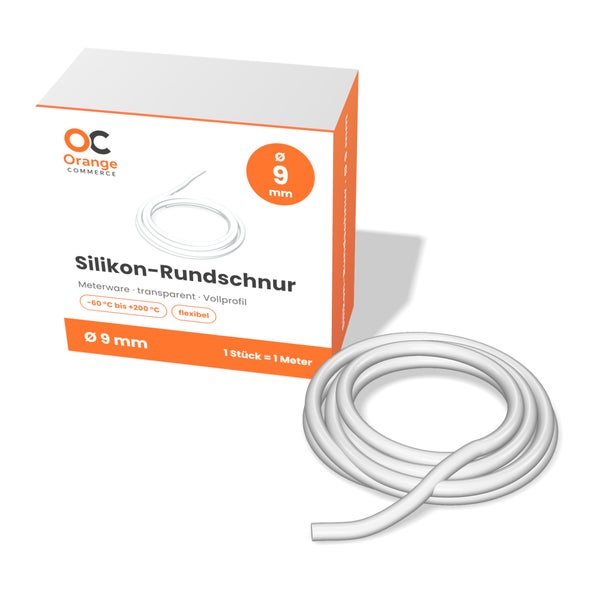 Silikon Rundschnur mit 9 Millimeter Durchmesser als Meterware, temperaturbeständig von minus 60 bis plus 200 Grad Celsius und flexibel.