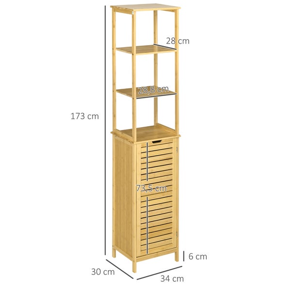 kleankin Badezimmerschrank Badschrank mit 3 offenen Fächer und 1 Schrank, Badmöbel Freistehender Hochschrank für Badezimmer, kleine Räume, Natur 34 x 30 x 173 cm