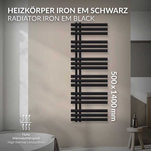 LuxeBath Design Badheizkörper Iron EM 500 x 1400 mm, Schwarz matt, Designheizkörper Paneelheizkörper Flachheizkörper Heizkörper Handtuchwärmer Handtuchtrockner Bad/Wohnraum Heizung, inkl. Montage-Set
