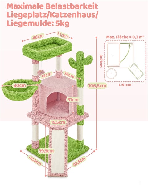 Katzenkratzbaum mit Liegeflächen, Katzenhaus, Liegemulde und Kaktus