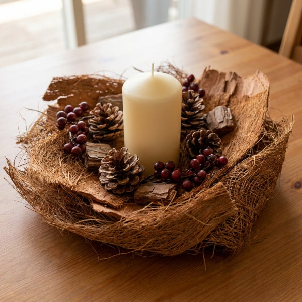 Tischdekoration mit Stumpenkerze, Kiefernzapfen, Rinde und Beeren in einem Nest aus Naturfasern auf einem Holztisch.