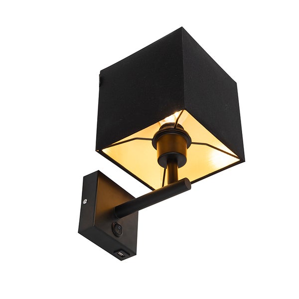 Schwarze Wandleuchte mit quadratischem Schirm und USB-Anschluss