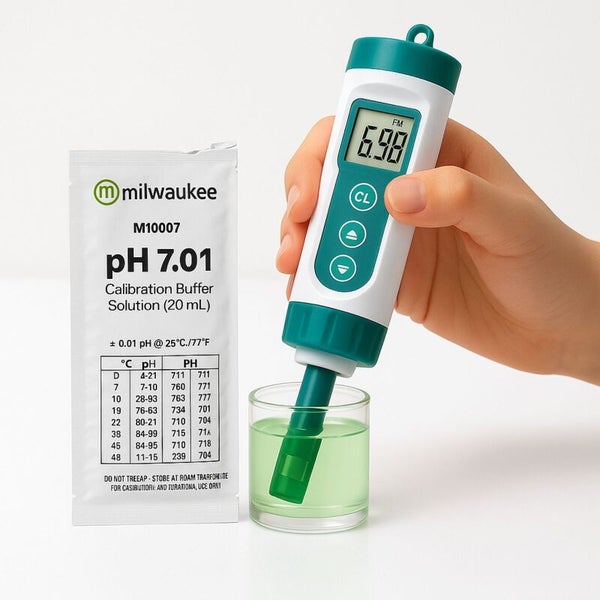 Milwaukee Logo, pH-Messgerät, Kalibrierpufferlösung und Glas mit Flüssigkeit.